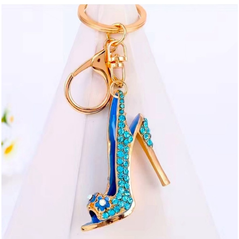 Stiletto Heel Rhinestone Keychain Blue